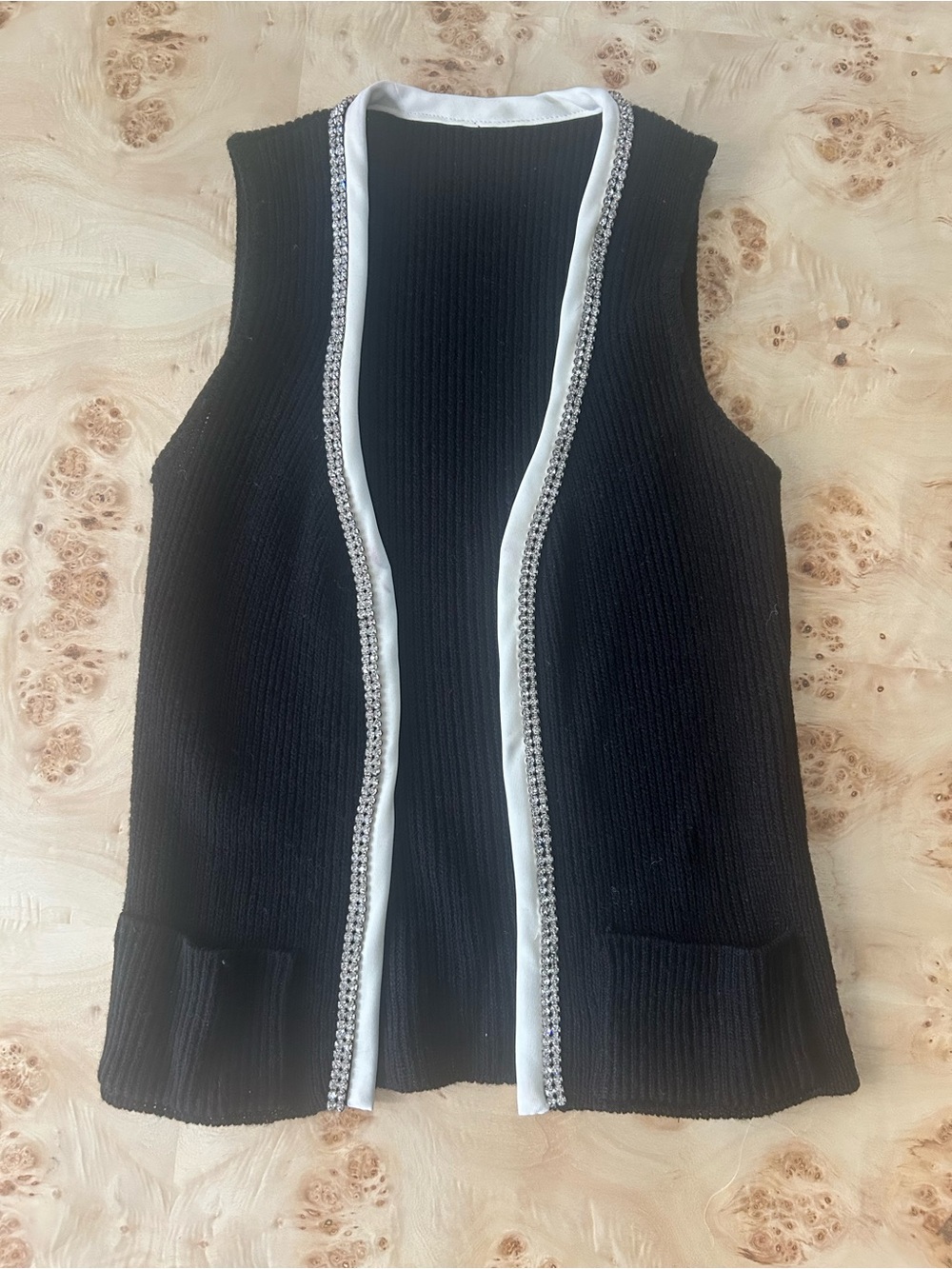 Vintage Black Sleeveless Knit Open-Front Vest with Rhinestones, please read